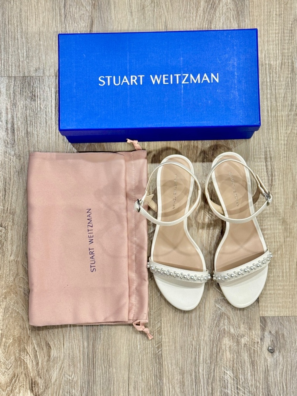 Stuart Weitzman 75 Dancer White Pearl Strap Sandals (Size 8.5 and 9)